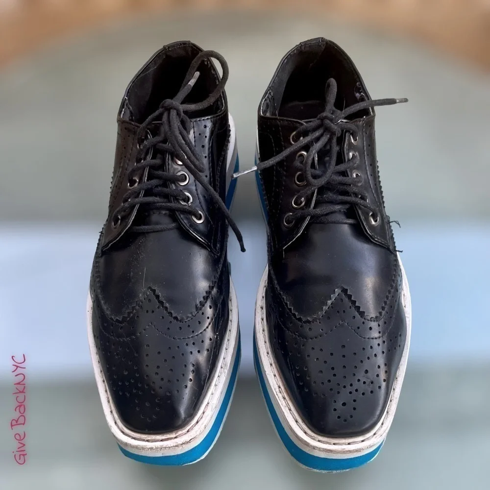 Wingtip Platform Brogues Black White Blue Stripes Size 8